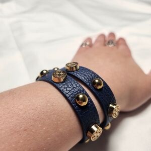 Tory Burch 100% Navy Pebbled Leather Gold Logo Stud Miller Double Wrap Bracelet